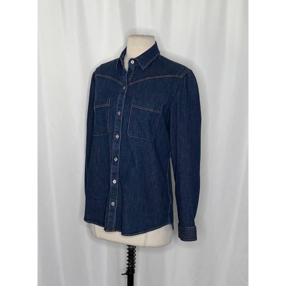 Women's UNTUCKIT Jenna Buttondown Denim Shirt Top Pockets Dark Wash Preppy 8 - Picture 5 of 13